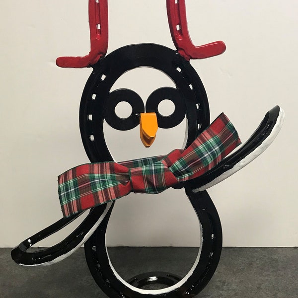 PENGUIN Pete with Hat and Scarf - Horseshoe Sculpture -  Dressed for the Holidays. Hand Made & Hand Forged - Unique