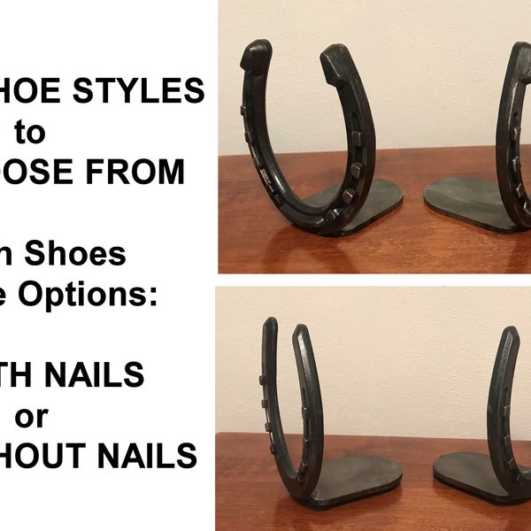 Horseshoe BOOKENDS (Pair) with Steel Base - 2 Styles of Horse Shoes -  Plain or with Nails in Shoes