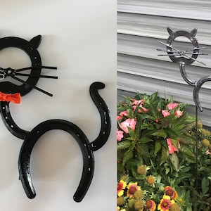Large BLACK CAT Horseshoe Garden Stake INTERCHANGEABLE Hand Forged & Hammered 32 Lawn Garden Stake Ornament Yard Art Metal Art Home Decor image 1