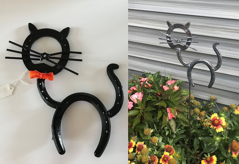 Large BLACK CAT Horseshoe Garden Stake INTERCHANGEABLE Hand Forged & Hammered 32 Lawn Garden Stake Ornament Yard Art Metal Art Home Decor image 1