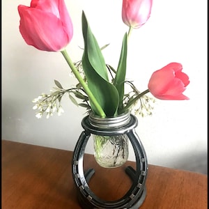 Forged HORSESHOE VASE & HOLDER w/ Horse Nails - Centerpiece, Country Cowboy Rustic Western Weddings, Hand Forged, Hand Welded Gift Cowgirl