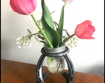 Forged HORSESHOE VASE & HOLDER w/ Horse Nails - Centerpiece, Country Cowboy Rustic Western Weddings, Hand Forged, Hand Welded Gift Cowgirl