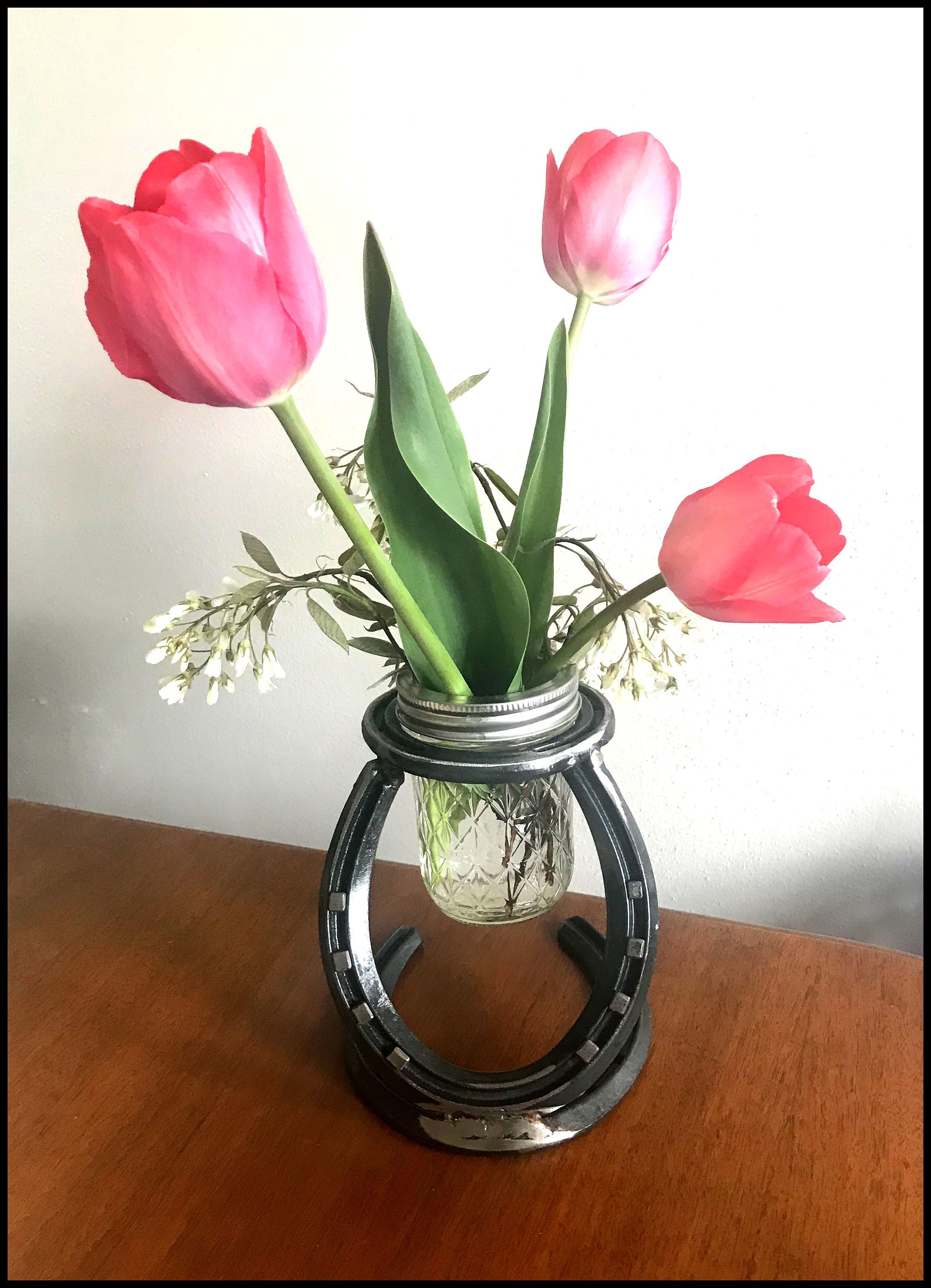 Forged HORSESHOE VASE & HOLDER w/ Horse Nails - Centerpiece, Country Cowboy Rustic Western Weddings, Hand Forged, Hand Welded Gift Cowgirl