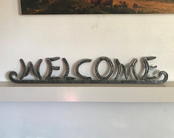 HORSESHOE WELCOME Sign on SCROLL Large - Hand Forged, Hand Welded - Letters, Western Decor Home Barn Outdoors -Yard Sign Stake  Option!