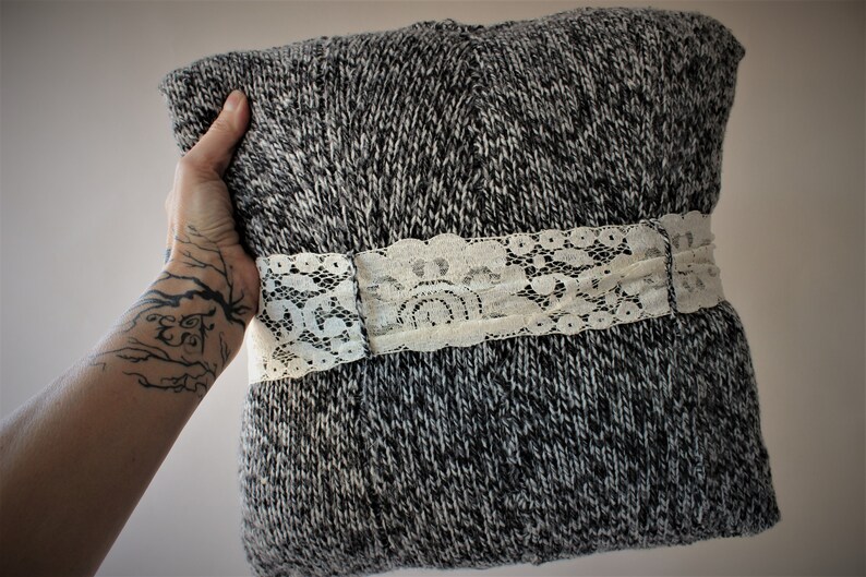 Sweater Knit Pillow Toss Pillow With VIntage Lace and Buttons Farmhouse Decor