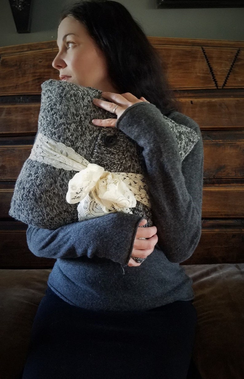 Sweater Knit Pillow Toss Pillow With VIntage Lace and Buttons Farmhouse Decor