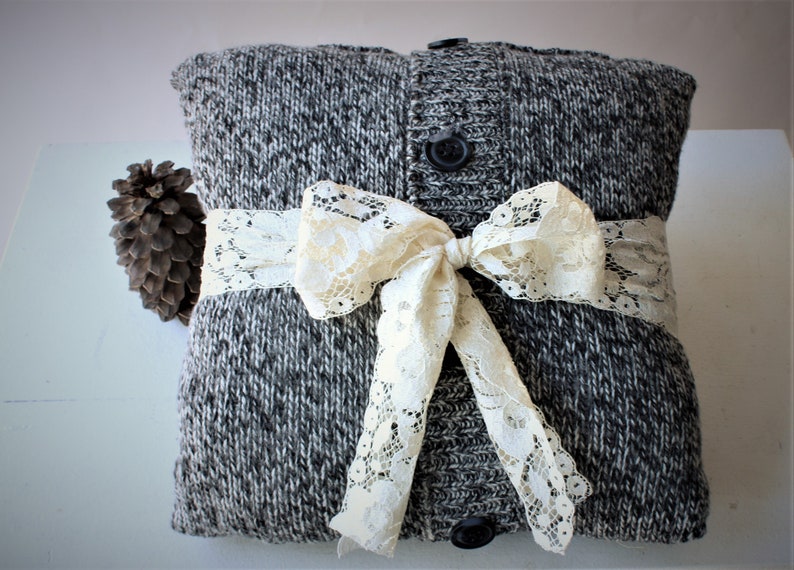 Sweater Knit Pillow Toss Pillow With VIntage Lace and Buttons Farmhouse Decor