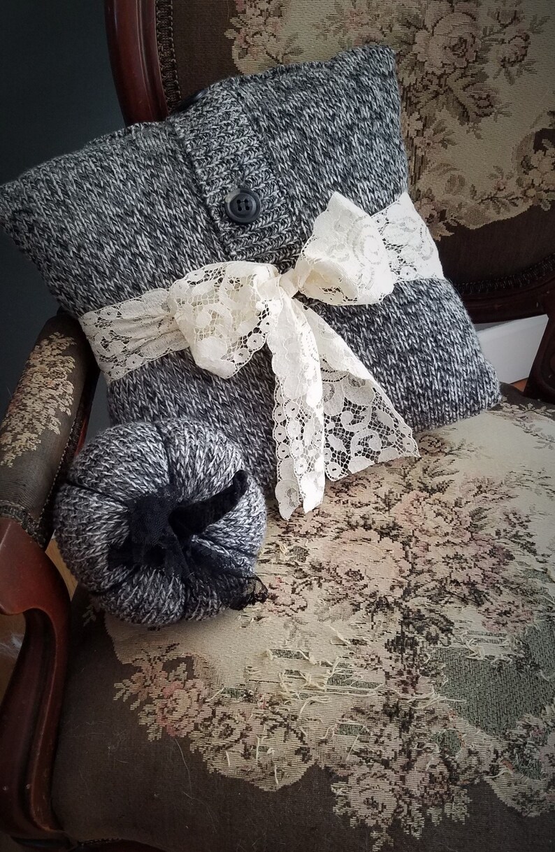 Sweater Knit Pillow Toss Pillow With VIntage Lace and Buttons Farmhouse Decor