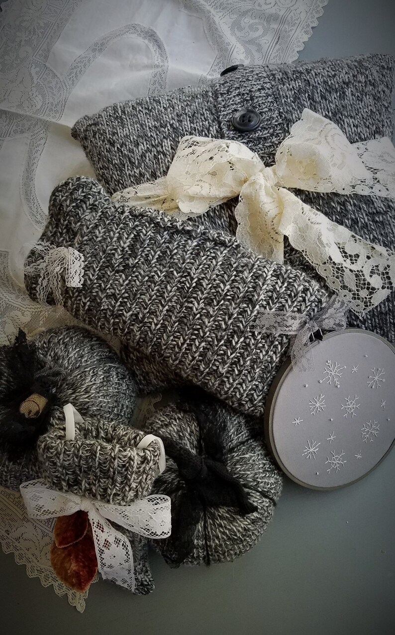 Sweater Knit Pillow Toss Pillow With VIntage Lace and Buttons Farmhouse Decor