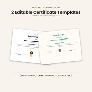 Może przedstawiać: Dwa edytowalne szablony certyfikatów w formacie 27,9 x 21,6 cm. Tekst zawiera Printable Certificate Set, 2 Editable Certificate Templates, Fully editable in Word & Google Docs, Excellence, Young Achiever Award, Emma Johnson, Great Job!, Certificate of Achievement, Lucas Bennett, Ms. Rodriguez oraz June 1, 2024.