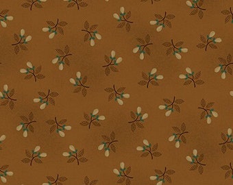 May include: A seamless pattern featuring small, stylized branches with white buds on a brown background.