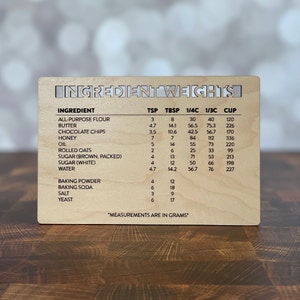 May include: A wooden chart with the title "Ingredient Weights" lists common baking ingredients and their weights in teaspoons, tablespoons, 1/4 cup, 1/3 cup, and cup measurements. The measurements are in grams.