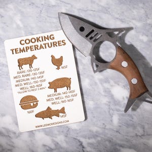 May include: A white wooden sign with a brown woodgrain pattern, listing cooking temperatures for different types of meat and poultry. The sign includes illustrations of a cow, chicken, pig, hamburger, and fish. The text on the sign reads "Cooking Temperatures" and includes the internal temperature ranges for rare, medium-rare, medium, medium-well, and well-done. The sign also includes the website address "www.leemodesigns.com".