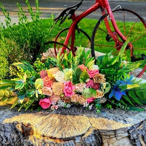 Huge Rustic Longhorn Floral Arrangement  Faux Wooden Flowers.   Wall Decor or Centerpiece. Western Home Decor Pink, Green and Cream Flowers