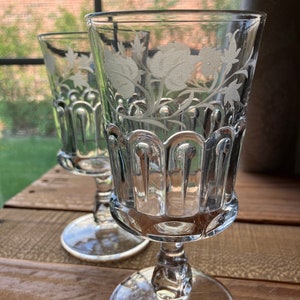 Nail Etched Ivy EAPG 1890’s US Glass Stem #15002 Water Goblets, Pair Antique