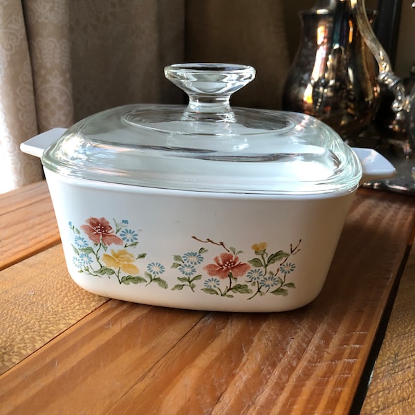 Vintage Corning Ware Autumn Meadow 1.5 Liter Square Baker Casserole Dish with Pyrex Lid 1.5 Qt
