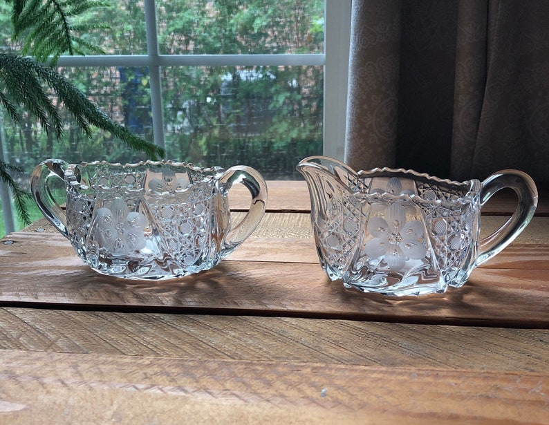 Vintage Etched and Cut Glass Crystal Creamer and Sugar Bowl Set Etsy