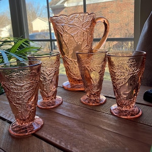 Indiana Glass Avocado #601 Sweet Pear Pink Depression Glass Pitcher and Footed Tumblers Peach