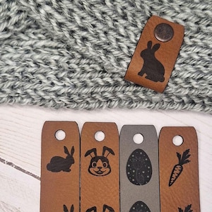 Spring Easter Faux Leather Tags: Laser Engraved Rivet/Sew-On Labels - Set of 12