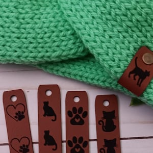 Made to Order Cat Lover Craft Tags, Rivet Chicago Screw Label, No Sew Tags Faux Leather, Knitting Machine, Crochet, Beanie ear warmer labels