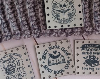 Reading Book Club 2"X2" 4 Pack Faux Leather Patch Set, Crochet, Machine Knit Handmade Items, Leather Engraved Sew In Patches, coffee cozy