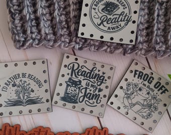Reading Book Lover 2"X2" 4 Pack Faux Leather Patch Set, Crochet, Machine Knit Handmade Items, Leather Engraved Sew In Patches, coffee cozy