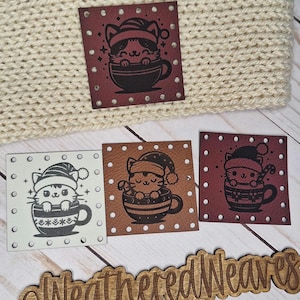 Merry Christmas Cats 2"X2" 4 Pack Faux Leather Patch Set, Crochet, Machine Knit Handmade Items, Leather Engraved Sew In Patches, coffee cozy