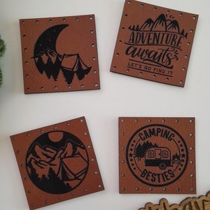 Camping 2"X2" Faux Leather Patch Set, Crochet, Leather Engraved Sew In Patches, coffee cozy