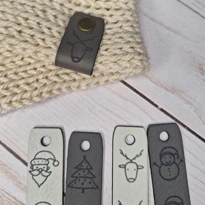 Made to Order Christmas Holiday Rivet Chicago Screw Label, No Sew Tags Faux Leather, Knitting Machine, Crochet, Beanie ear warmer labels