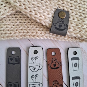 Made to Order Book Tea Coffee Hygge Rivet Chicago Screw Label, No Sew Tags Faux Leather, Knitting Machine, Crochet, Beanie ear warmer labels