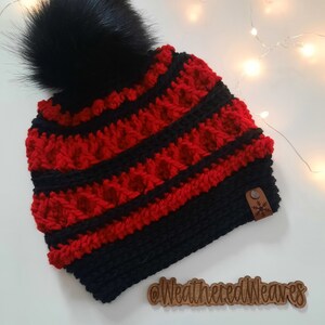 Red and Black Textured Beanie Knit Toque, Dark Christmas inspired Beanie, Easy gift ideas for her, Christmas Snowflake Beanie