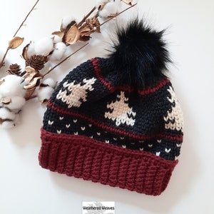 Black Red White Christmas Tree Fair Isle Beanie, Adult Womens Knit Beanie, Rustic Scandinavian style Beanie, Warm Gift for Her