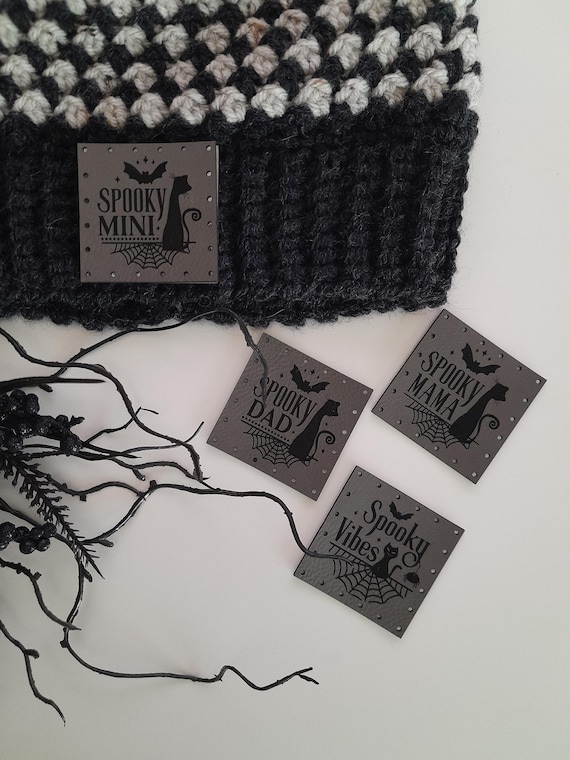 Halloween spooky mini 2X2 4 Pack Faux Leather Patch Set, Crochet, Machine Knit Handmade Items, Leather Engraved Sew In Patches, coffee cozy