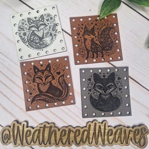 Fox 2"X2" 4 Pack Faux Leather Patch Set, Crochet, Machine Knit Handmade Items, Leather Engraved Sew In Patches, coffee cozy