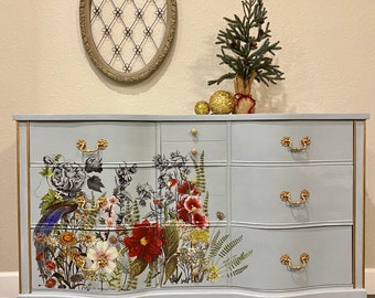 Unique Boho Maximalist Painted Peacock Dresser, Antique Cottage, Vintage Dresser, Custom Made-to-Order