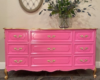 Hot Pink Henry Link  French Provincial, Unique Vintage Dresser, Barbie Inspired, Designer Dresser, Made to Order, Maximalist Dresser