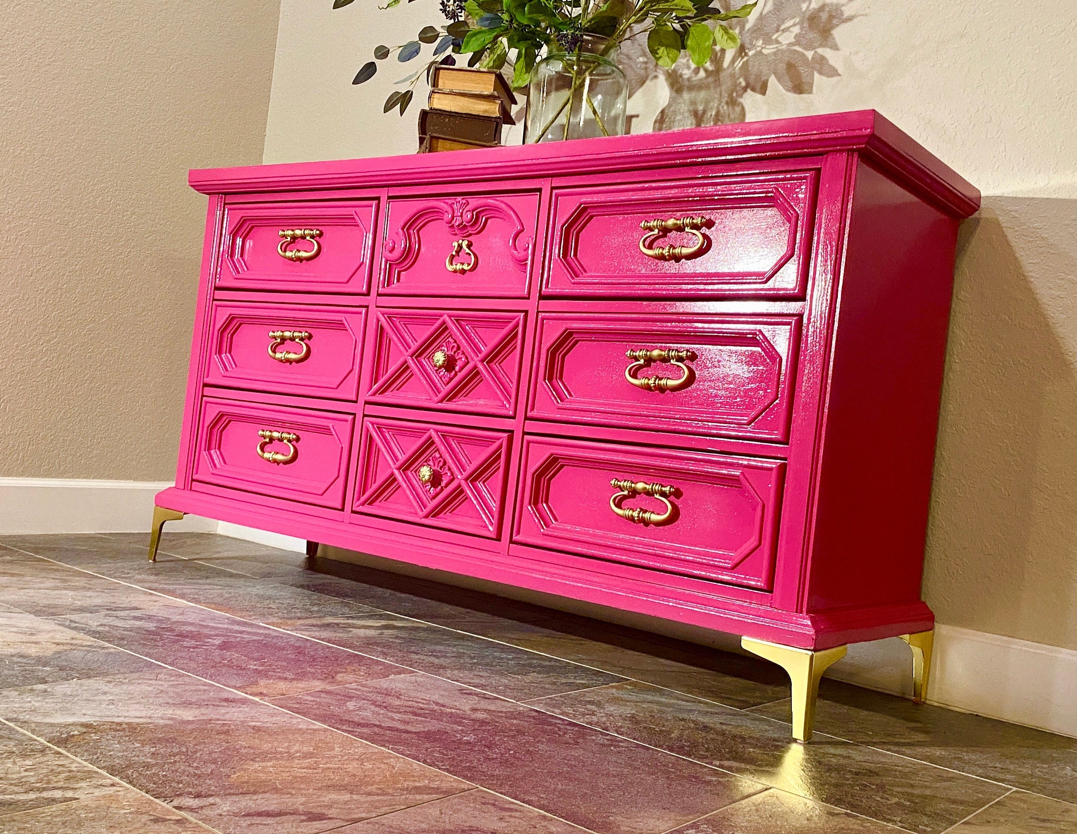Raspberry Pink Lacquer Mid century Modern Vintage Maximalist Dresser Barbie inspired Unique Designer Dresser Etsy