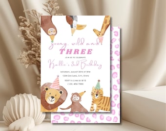 young, wild and THREE 3rd Birthday Instant Digital Download Birthday Invitation Template