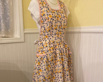 NEW Vintage apron, retro apron, full coverage apron, pink, yellow and blue floral apron, 1930 apron. Rick rack