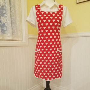 Vintage Style Full Apron: Red Heart Print, Lace Trim - Handmade