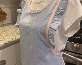 NEW Vintage Retro, 1960-1970, Full coverage apron, blue pin strip and pink apron with shoulder ruffles and pockets, embroidered.