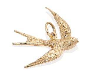 Solid 9ct Gold Large Swallow Charm Pendant