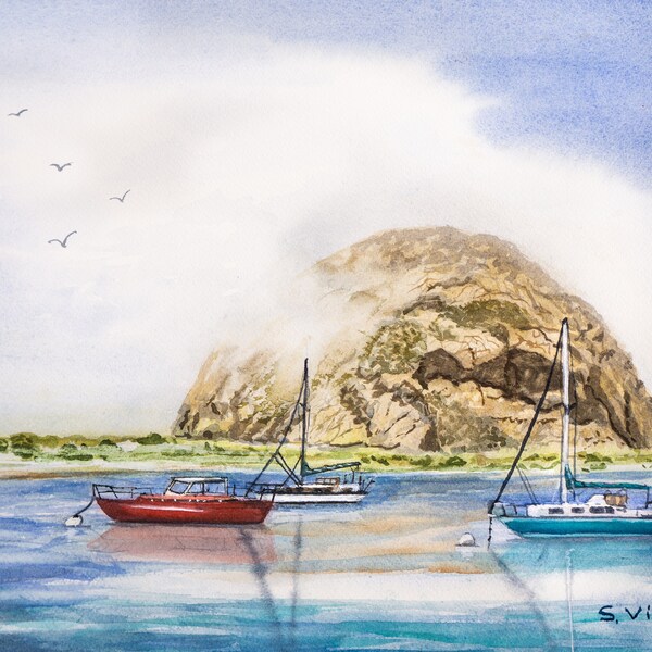 Central Coast California - Morro Bay - "Aqua Sail Boat, Morro Rock"  - Home Decor - Living Room Decor-Watercolor Print by Artist Sheril Viau