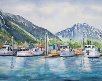 May include: A watercolor painting of a harbor scene with four boats docked at a pier. The boats are white with red accents and are surrounded by mountains in the background. The water is a light blue color and the sky is a light gray color.