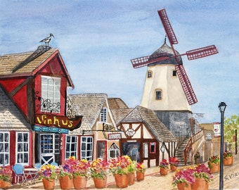 Central Coast California - Los Olivos- "Solvang Windmill" - Watercolor  Print - Home Decor- Wall Art - Living Room Decor- Artist Sheril Viau
