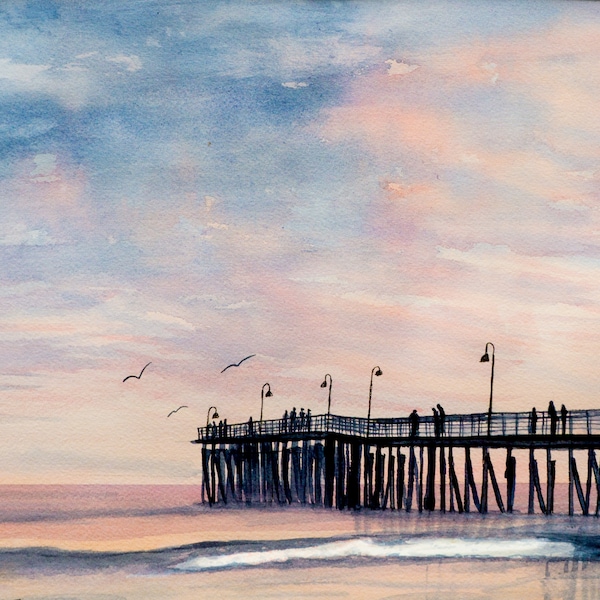 Central Coast California-San Luis Obispo County "Pink Sunset Cayucos Pier Reflection "-Watercolor - Home Decor- Wall Art -Artist Sheril Viau