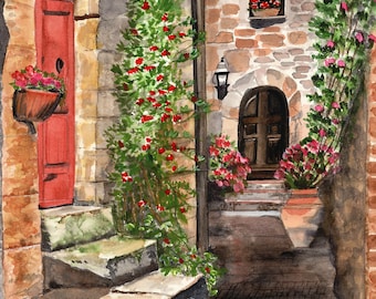 European Painting - Italy- "Red Door in Tuscany" -Watercolor Print - Home Decor- Wall Art - Living Room Decor- Artist Sheril Viau