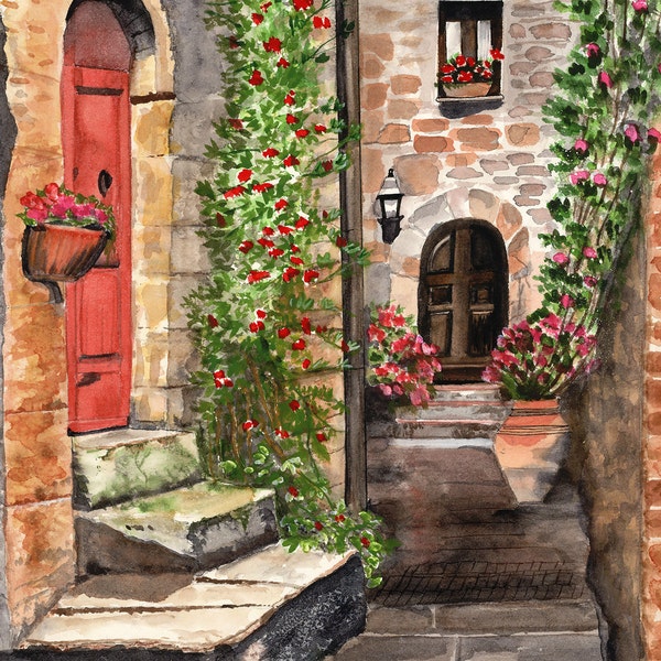 European Painting - Italy- "Red Door in Tuscany" -Watercolor Print - Home Decor- Wall Art - Living Room Decor- Artist Sheril Viau