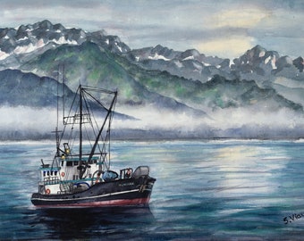 Alaska "Seward Harbor Fishing Boat" Watercolor  Print and Original- Home Decor- Wall Art - Living Room Decor- Artist Sheril Viau