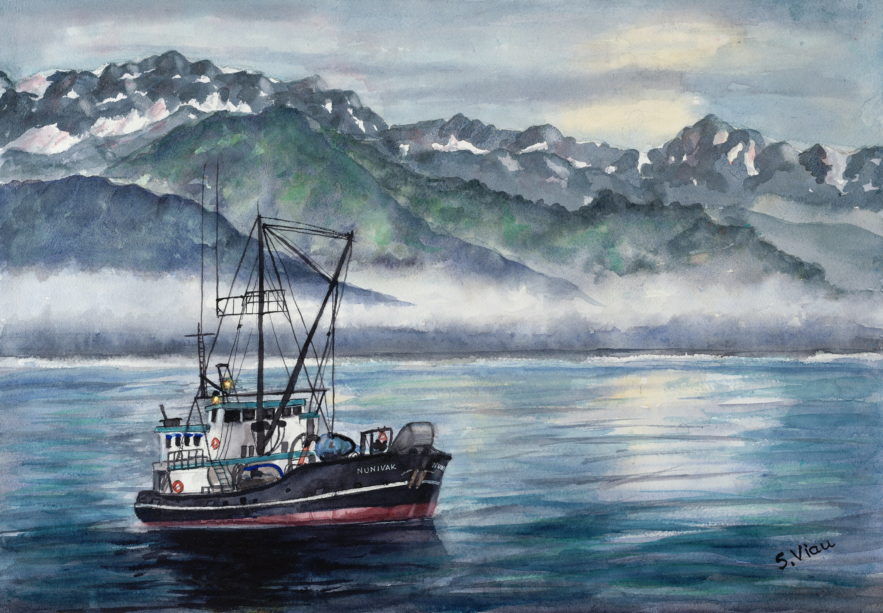 Alaska seward Harbor Fishing Boat Watercolor Print picture